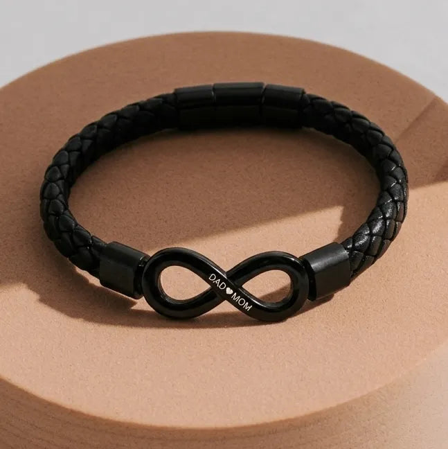Custom Infinity Leather Bracelet for Men, Personalized Engraved Name Braided Bracelet, Blue Black Stainless Steel Couples Jewelry, Father's Day Gift for Husband