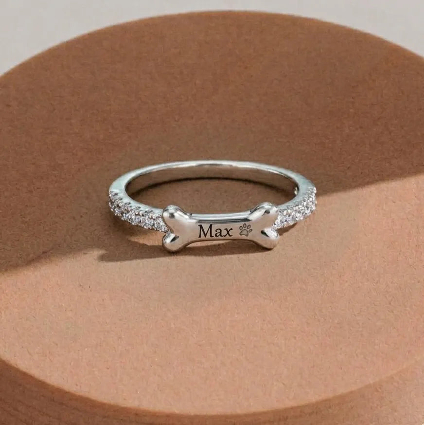 Custom Stackable Dog Bone Ring with Name, Personalized Pave Diamond Pet Memorial Jewelry, Memorial Dainty Ring, Gift for Pet Lovers